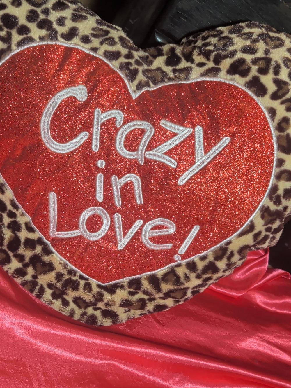 Glitter Red Heart Pillow with Leopard Trim - "Crazy in Love